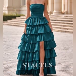 NWT Teal Strapless Tiered Prom Dress
